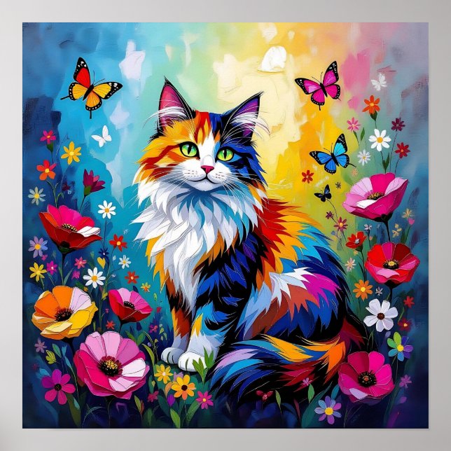 Vacker Färgrik Impasto Katt och Blommor Poster (Framsidan)