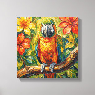 Vacker Färgrik Impasto Papegoja och Tropisk Blomma Canvastryck