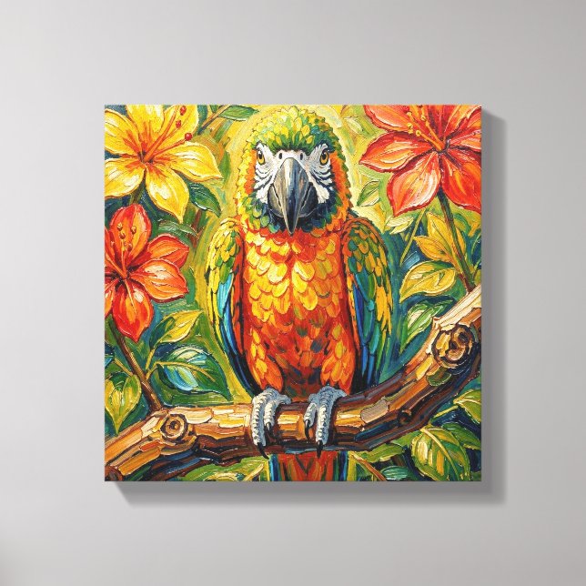 Vacker Färgrik Impasto Papegoja och Tropisk Blomma Canvastryck (Framsida)