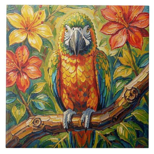 Vacker Färgrik Impasto Papegoja och Tropisk Blomma Kakelplatta (Framsidan)