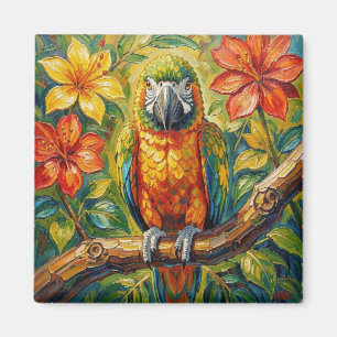 Vacker färgrik impasto papegoja och tropisk blomma magnet