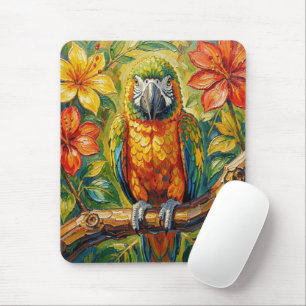 Vacker färgrik impasto papegoja och tropisk blomma musmatta