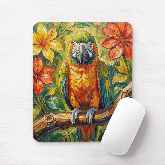 Vacker färgrik impasto papegoja och tropisk blomma musmatta (Med mus)