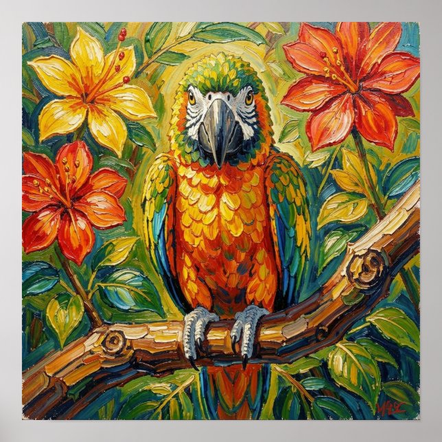 Vacker färgrik impasto papegoja och tropisk blomma poster (Framsidan)