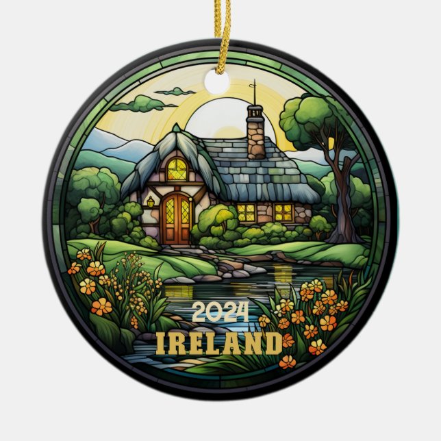 Vacker Faux Stached Glass Ireland Souvenir Julgransprydnad Keramik (Framsidan)