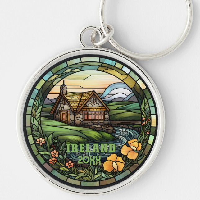Vacker Faux Stached Glass Ireland Souvenir Rund Silverfärgad Nyckelring (Framsidan)