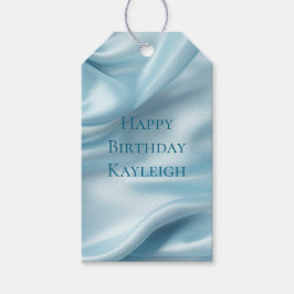 Vacker feminin ljusblå falsk satin presentetikett