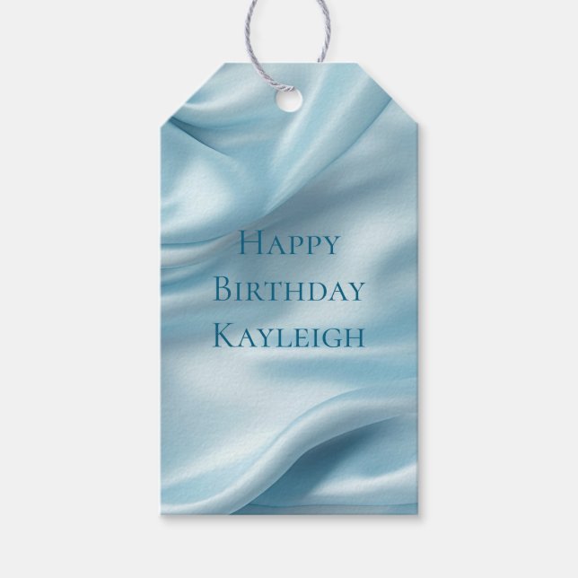Vacker feminin ljusblå falsk satin presentetikett (Framsidan)