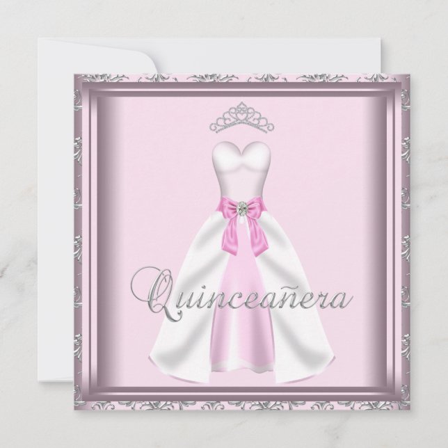 Vacker festklänning rosa och grå Quinceanera Inbjudningar (Framsida)