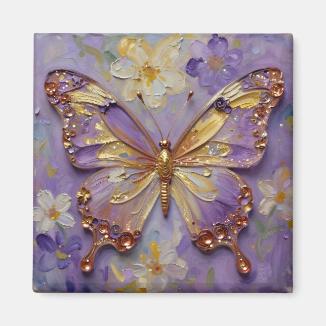 Vacker Fjäril i Lila och Blommor Magnet (Framsidan)