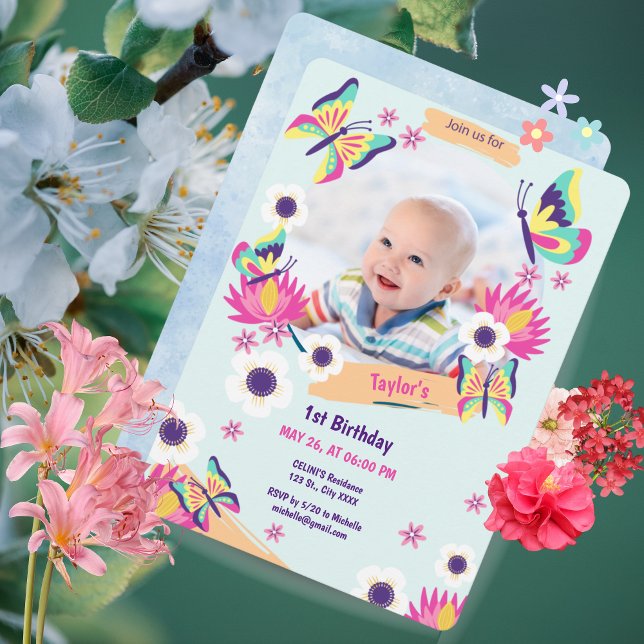 Vacker fjäril-inbjudan på födelsedagen med foto (Beautiful Butterfly Birthday Invitation with Photo)