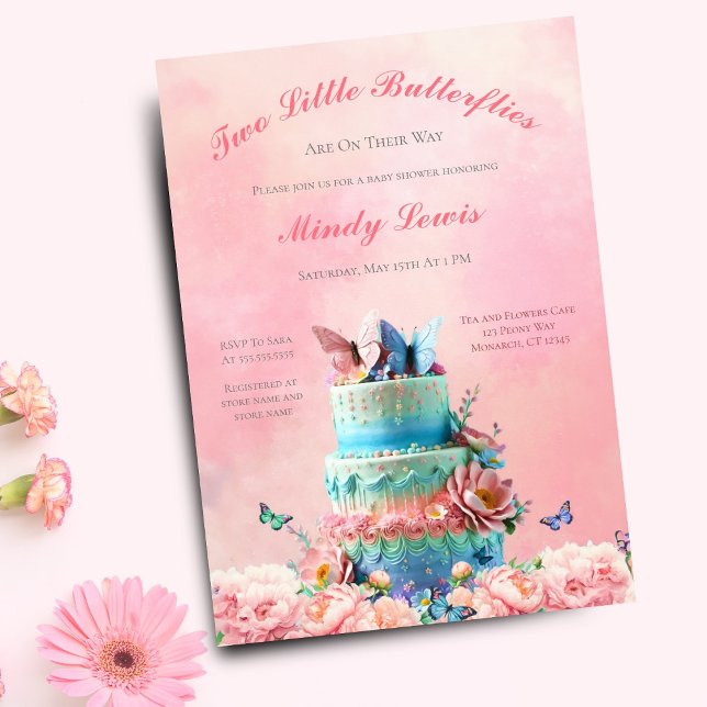 Vacker fjärilar tvillingar baby shower tårta inbjudningar (Elegant, whimsical invitation for a memorable twin girls' baby shower.)