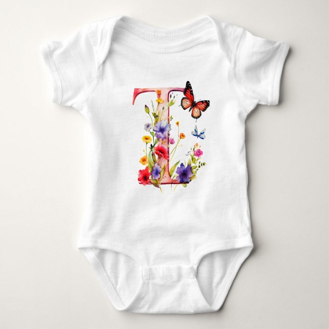 Vacker fjärilmonogram med vilda blommor t shirt (Framsida)