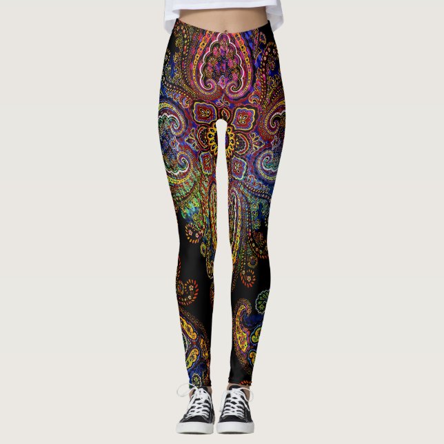 Vacker flerfärgad paisley på svart leggings (Framsida)
