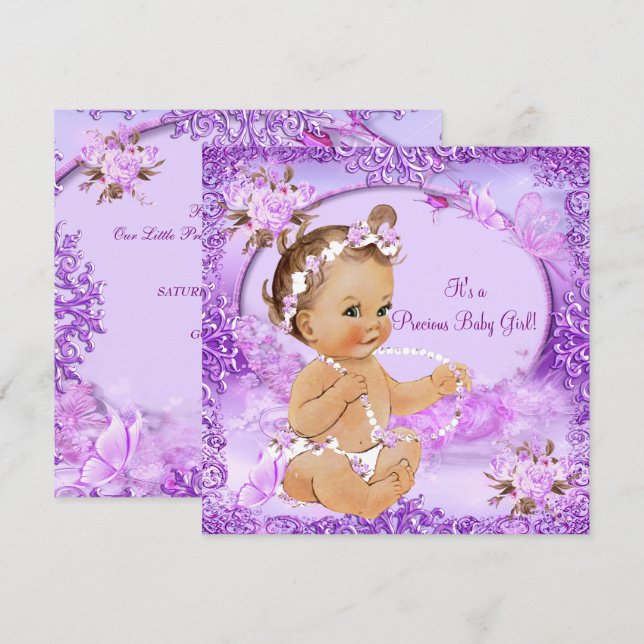 Vacker flicka baby shower lila blommig inbjudningar (Fram/baksida)