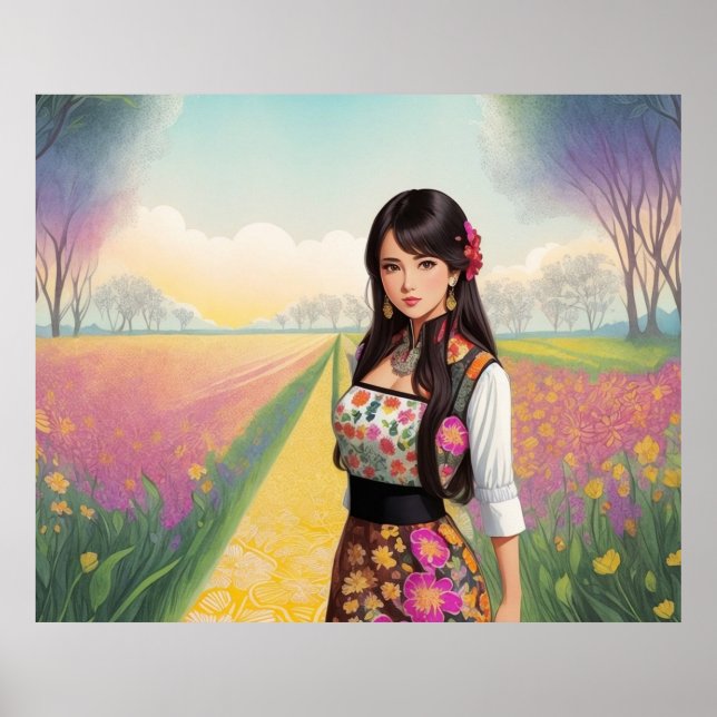 Vacker flicka i blomsterträdgård poster (Framsidan)