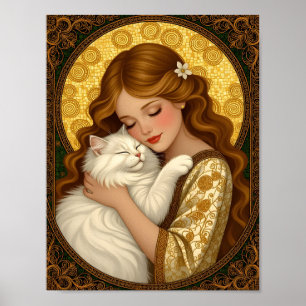 Vacker flicka kramar vit fluffig katt Art Nouveau Poster