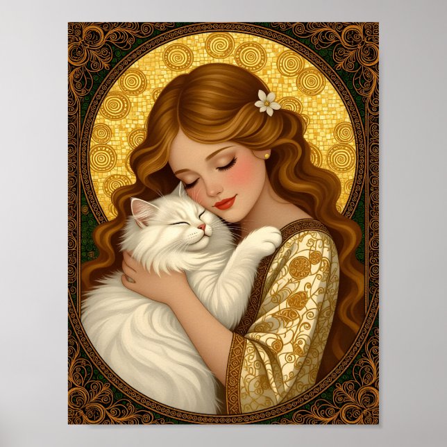 Vacker flicka kramar vit fluffig katt Art Nouveau Poster (Framsidan)