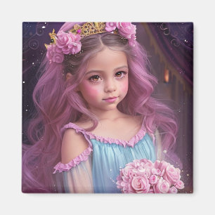 Vacker flicka med rosa blommor i håret magnet