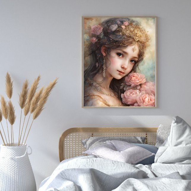 Vacker flicka med rosa rosor  poster (Beautiful Girl with Pink Roses Poster)