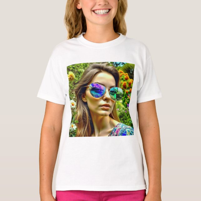 Vacker flicka med solglasögon reflektion blommor t shirt (Framsida)
