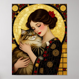 Vacker flicka och söt katt Art Nouveau Gustav Klim Poster
