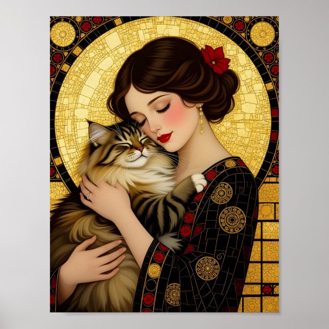 Vacker flicka och söt katt Art Nouveau Gustav Klim Poster (Framsidan)