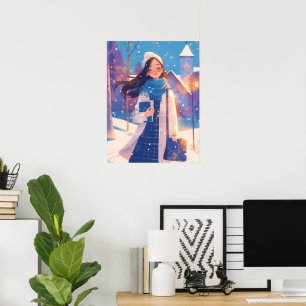 Vacker flicka som går på vintergata poster