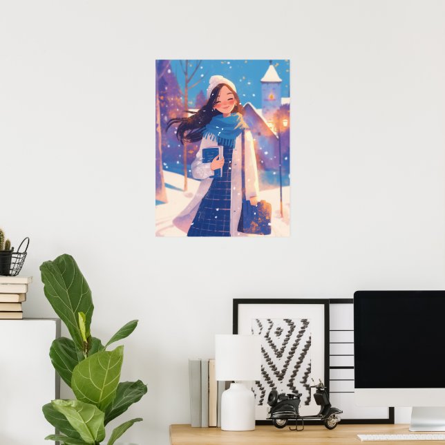 Vacker flicka som går på vintergata poster (Hemmakontoret)