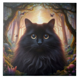 Vacker fluffig svart katt med gyllene ögon kakelplatta