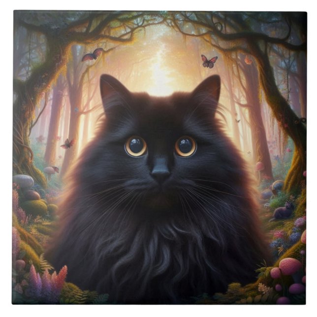 Vacker fluffig svart katt med gyllene ögon kakelplatta (Framsidan)