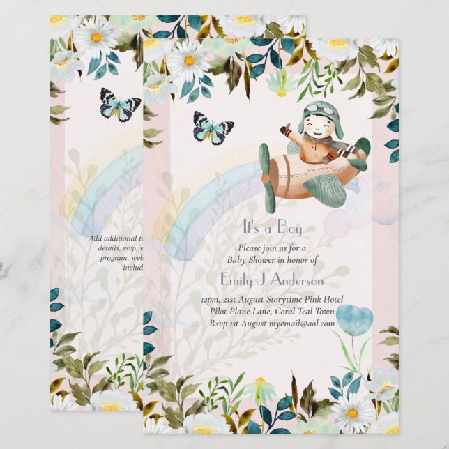 Vacker Flygplans Pilot Pojkar Baby Shower Inbjudan (Fram/baksida)