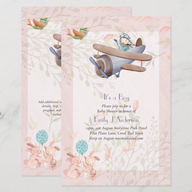 Vacker Flygplans Pilot Pojkar Baby Shower Inbjudan (Fram/baksida)