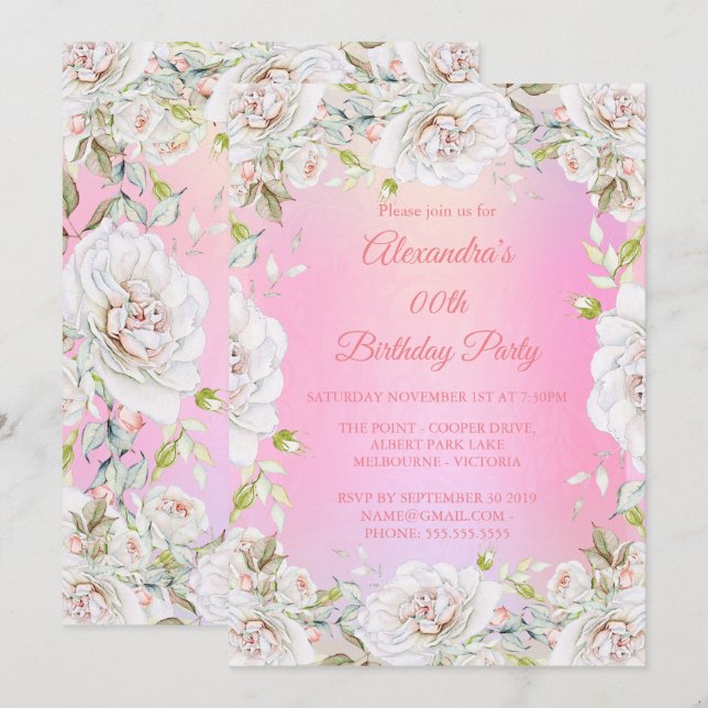 Vacker födelsedagsfest Blommande Rosa Vita Rosor Inbjudningar (Fram/baksida)