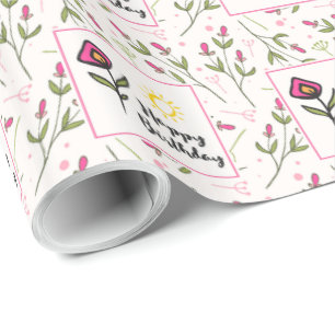 Vacker födelsedagsillustration med vilda blommor o presentpapper
