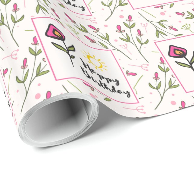 Vacker födelsedagsillustration med vilda blommor o presentpapper (Rullad Hörn)
