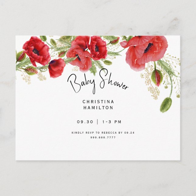 Vacker Foliage Red Poppies Baby Shower Invati Inbjudan Vykort (Framsida)