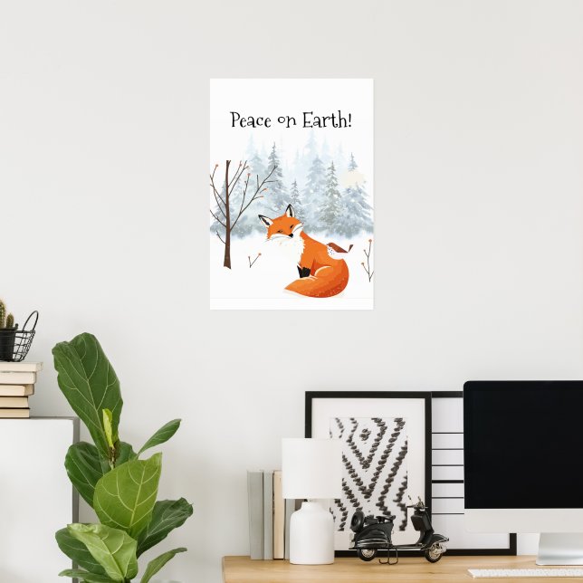 Vacker Fred På Jorden Röd Räv Fågel Vinter Poster (Hemmakontoret)
