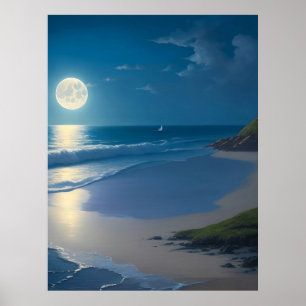 Vacker full månon Ocean Art Poster