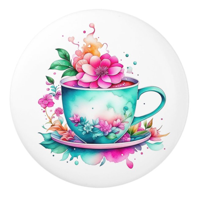 Vacker gammaldags kaffekopp med rosa blommor knopp (Framsidan)