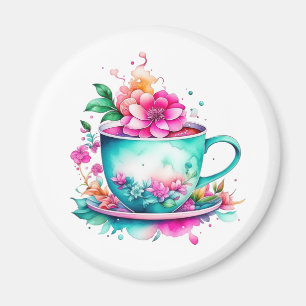Vacker gammaldags kaffekopp med rosa blommor magnet