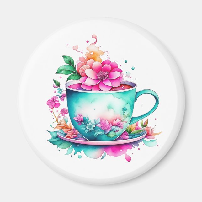 Vacker gammaldags kaffekopp med rosa blommor magnet (Framsidan)