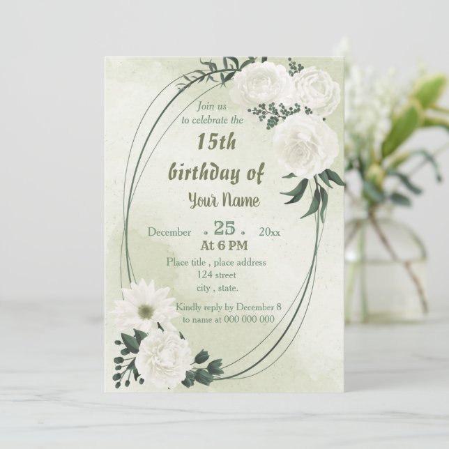 vacker geometrisk födelsedagsfest för vit blommigt inbjudningar (Stående Fram)