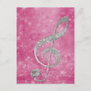 Vacker glittereffekt silver treble clef vykort