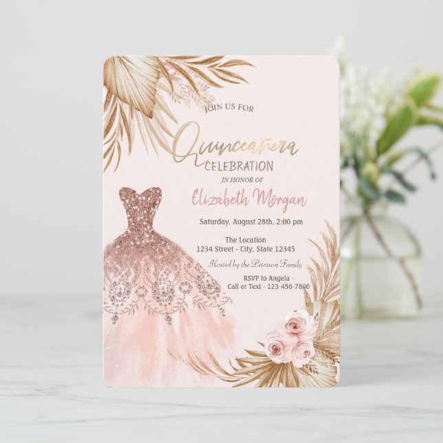 Vacker glitterklänning Boho blommor Quinceañera  Inbjudningar (Stående Fram)
