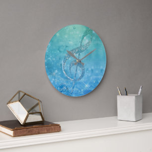 Vacker glittery Blue Music Note Treble Clef Stor Klocka