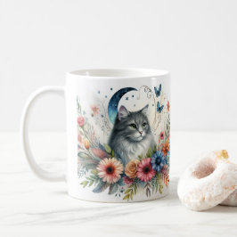 Vacker grå kattporträtt med blommor mugg