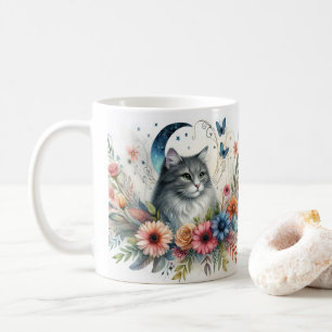 Vacker grå kattporträtt med blommor mugg