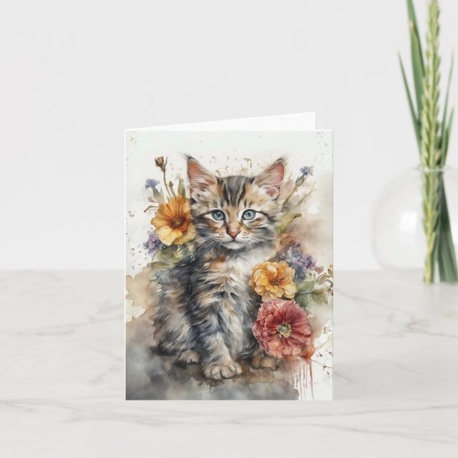 Vacker grå tabby katt Blommor Tom hälsningskort  Kort (Framsida)