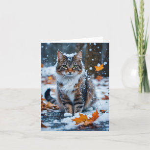 Vacker Grå Tabby Katt Höstblad Blank Kort